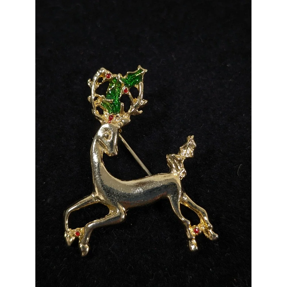 Vintage Reindeer Brooch Gold Tone Rhinestone Christmas Deer‎ Pin
